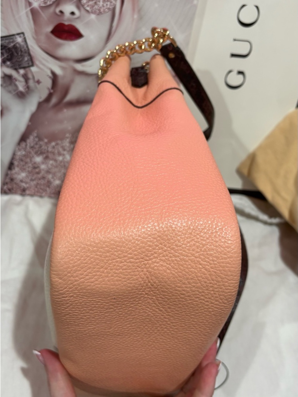Coach Chalk and Pink Pebbled Leather Crossbody with Gold Chain Accents - Picture 3 of 9